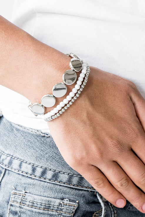 Beyond The Basics - White/Silver Mismatched Round Accent Bracelet Stack B#1977