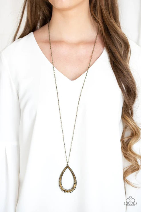 Big Ticket Twinkle - Oversized Brass Aurum Encrusted Teardrop Necklace N#1890
