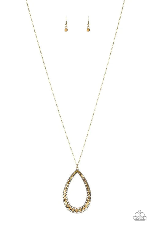 Big Ticket Twinkle - Oversized Brass Aurum Encrusted Teardrop Necklace N#1890
