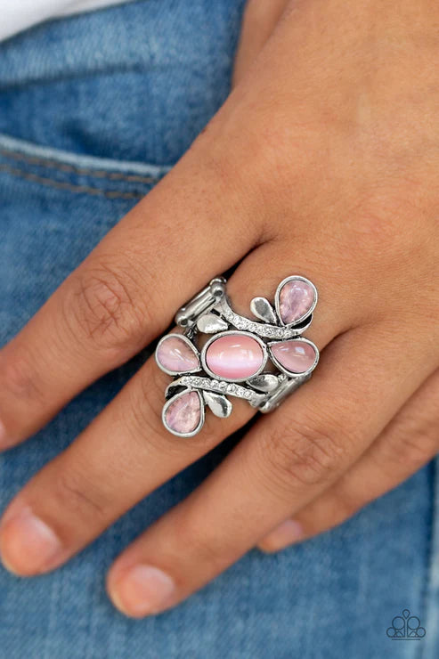 Bliss Out - Pink Round/Teardrop Ribbon Swoop Encrusted Cat's Eye Moonstone Ring R#1931