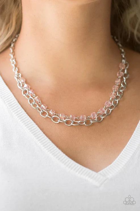 Block Party Princess - Pink Iridescent Strand Crystal Cubed Necklace N#2181