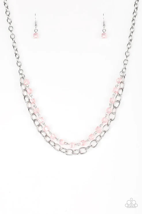 Block Party Princess - Pink Iridescent Strand Crystal Cubed Necklace N#2181