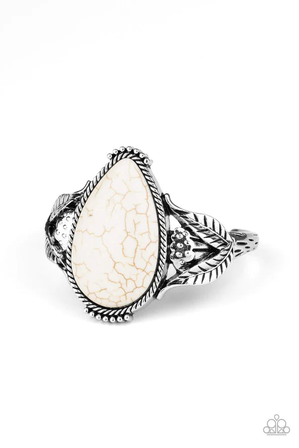 Blooming Oasis - Oversized White Stone Airy Rope Leafy Abloom Teardrop Cuff Bracelet B#1419