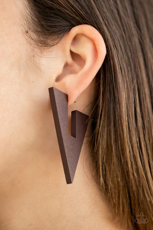 Boardroom Bravado - Brown Triangular Cut Wood Hoop Earrings E#2446
