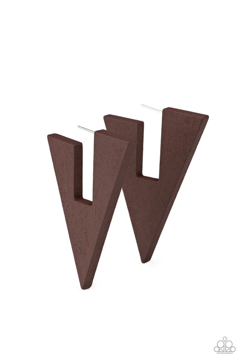 Boardroom Bravado - Brown Triangular Cut Wood Hoop Earrings E#2446