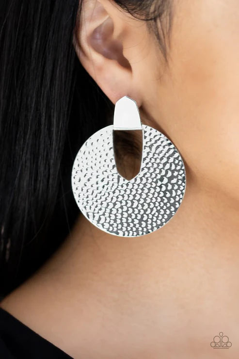 Bold Intentions - Oversized Silver Shimmer Hammered Industrial Earrings E#2267