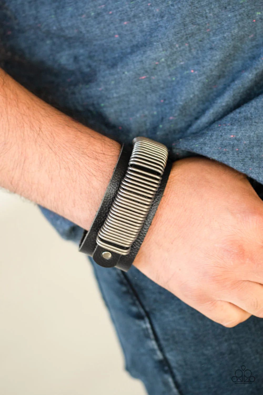 Boondock Bandit - Oversized Black/Silver Rustic Bandit Studded Rings Slide Along Leather Urban Bracelet B#1084