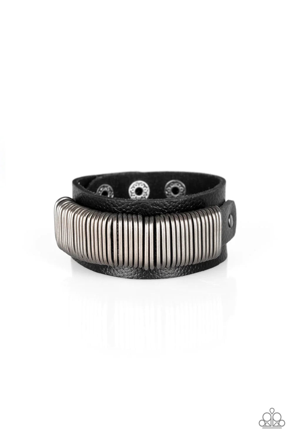 Boondock Bandit - Oversized Black/Silver Rustic Bandit Studded Rings Slide Along Leather Urban Bracelet B#1084