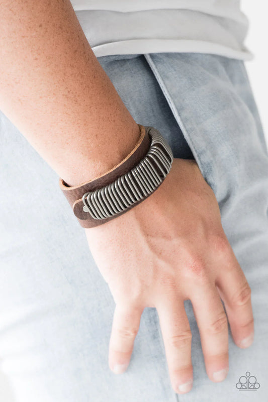 Boondock Bandit - Oversized Brown/Silver Rustic Bandit Studded Rings Slide Along Leather Urban Bracelet B#1042