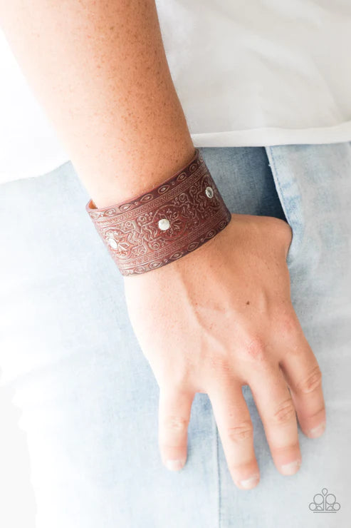 Boots and Broncos - Oversized Brown Rugged Studded/Stamped Western Encrusted Leather Urban Bracelet B#1739