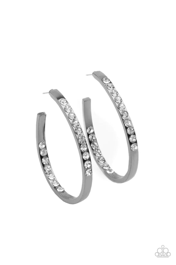 Borderline Brilliance - Black Front/Back Encrusted Curved Hoop Earrings E#902