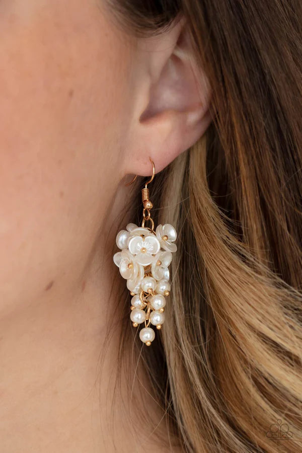Bountiful Bouquets - Gold/white Pearl Floral Cluster Chandelier Earrings E#1389