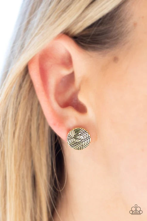 Bright As A Button - Brass Round Stamped Button Textured Tribal Earrings E#2460