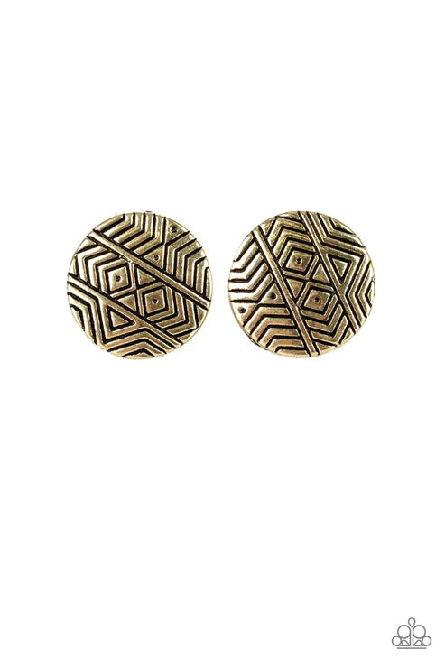 Bright As A Button - Brass Round Stamped Button Textured Tribal Earrings E#2460