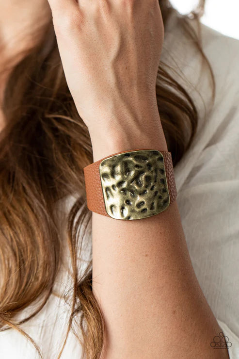 Brighten Up - Oversized Brass/Brown Rustic Hammered Squared Curved Leather Bracelet B#1698