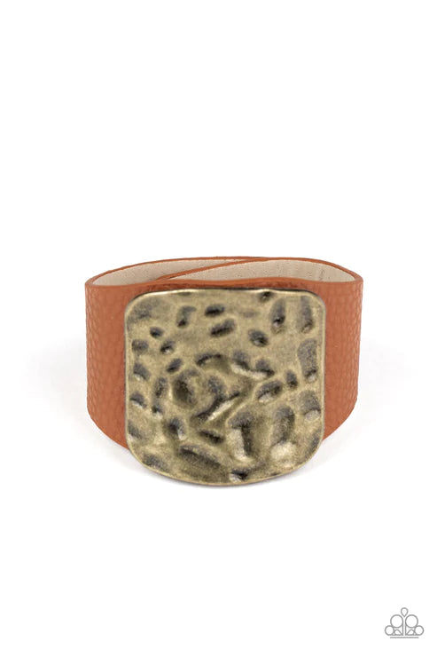 Brighten Up - Oversized Brass/Brown Rustic Hammered Squared Curved Leather Bracelet B#1698