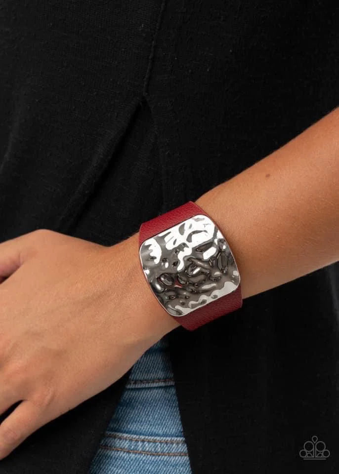 Brighten Up - Oversized Red/Silver Rustic Hammered Squared Curved Leather Bracelet B#084