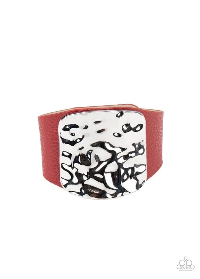 Brighten Up - Oversized Red/Silver Rustic Hammered Squared Curved Leather Bracelet B#084