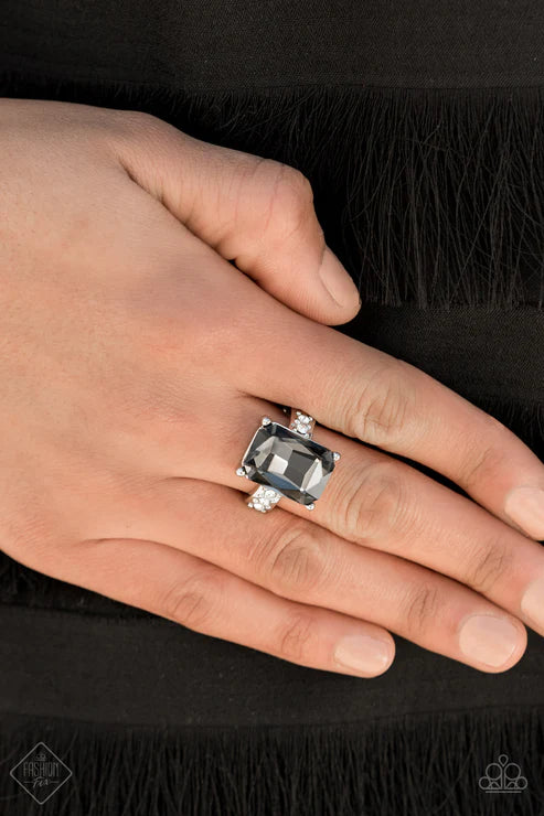 Bring Down the POWERHOUSE - Oversized Silver Elegant Emerald Cut Smoky Gem Dotted White Encrusted Ring R#2075