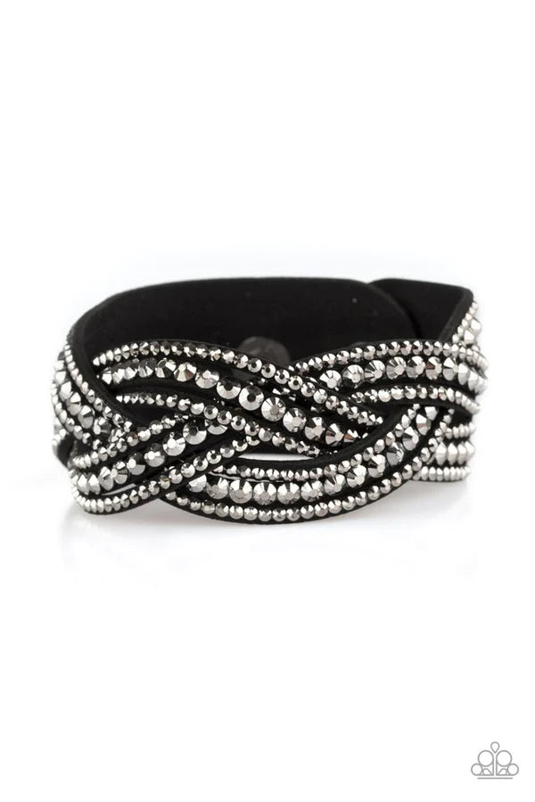 Bring On The Bling - Black Encrusted Interwoven Suede Wrap Adjustable Snap Closure Bracelet B#776