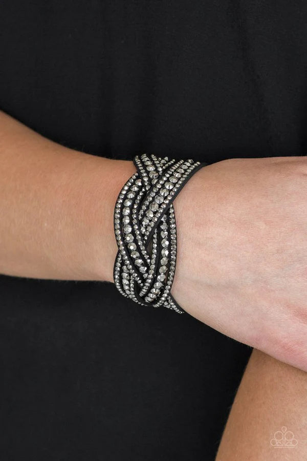Bring On The Bling - Black Encrusted Interwoven Suede Wrap Adjustable Snap Closure Bracelet B#776