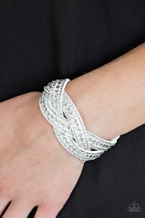 Bring On The Bling - White Encrusted Interwoven Suede Wrap Adjustable Snap Closure Bracelet B#790