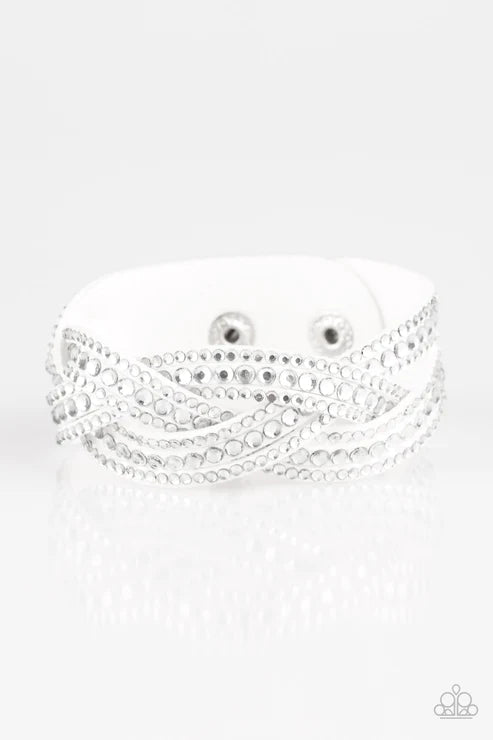 Bring On The Bling - White Encrusted Interwoven Suede Wrap Adjustable Snap Closure Bracelet B#790