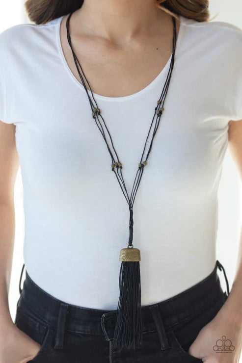 Brush It Off - Brass/Black Dotted Flared Hammered Brush Tassel Necklace N#2508