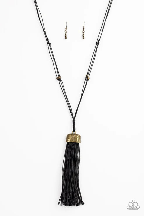 Brush It Off - Brass/Black Dotted Flared Hammered Brush Tassel Necklace N#2508