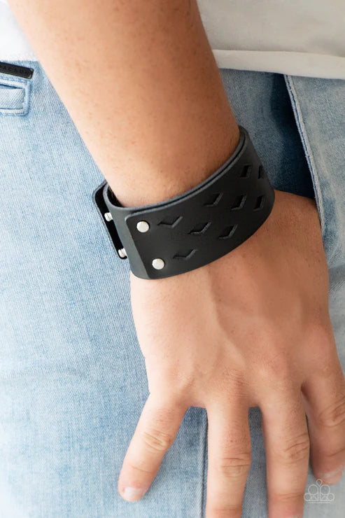 Bucking Bronco - Oversized Black Airy Diamond Cutout Studded Leather Urban Bracelet B#1664