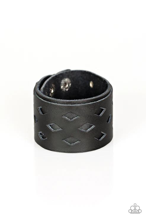 Bucking Bronco - Oversized Black Airy Diamond Cutout Studded Leather Urban Bracelet B#1664