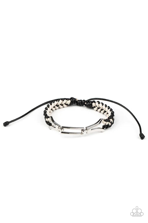 Bungee Bungalow - Black/White/Silver Braided Interlocked Knotted Bungee Twine Adjustable Sliding Knot Closure Urban Bracelet B#2056