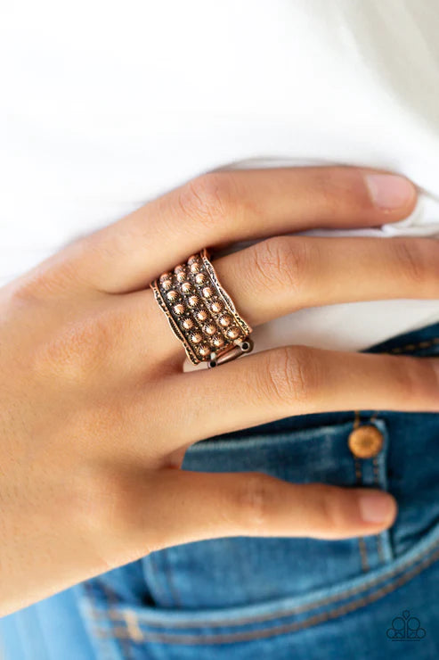 Call To Arms - Copper Asymmetrical Sunburst Studded Industrial Ring R#1848