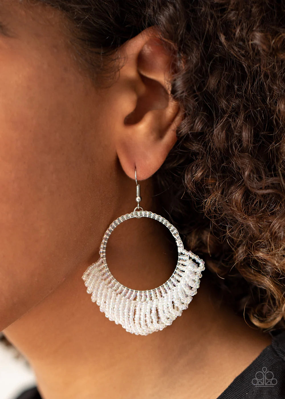 Cant BEAD-lieve My Eyes! - Oversized White Iridescent Seed Bead Cascade Hoop Fringe Earrings E#538