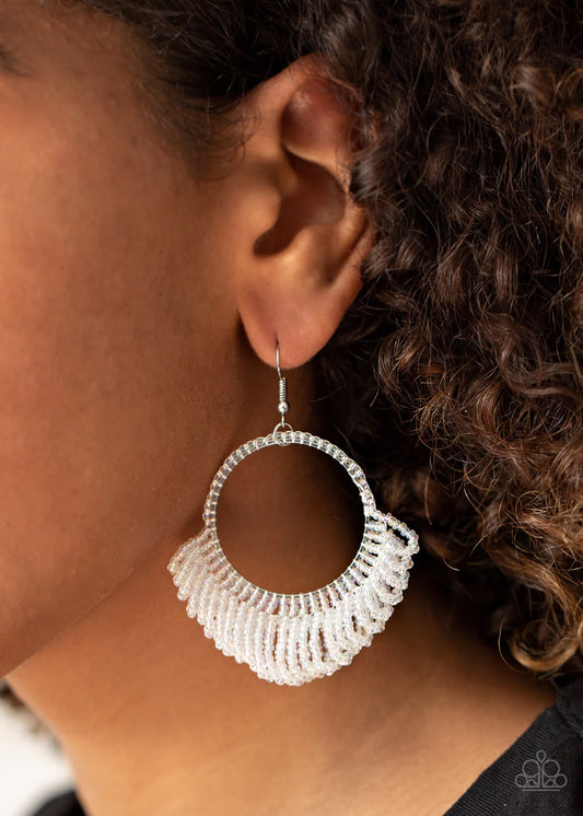 Cant BEAD-lieve My Eyes! - Oversized White Iridescent Seed Bead Cascade Hoop Fringe Earrings E#538
