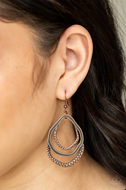 Canyon Casual - Copper Asymmetrical Hammered Hoop Earrings E#2268