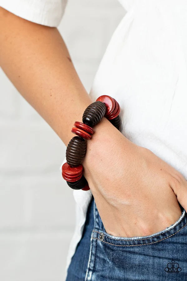 Caribbean Castaway - Oversized Red/Brown Beach Distressed Wood Disc Bracelet B#248