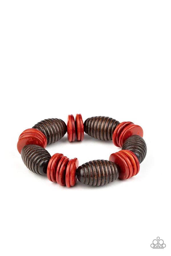 Caribbean Castaway - Oversized Red/Brown Beach Distressed Wood Disc Bracelet B#248