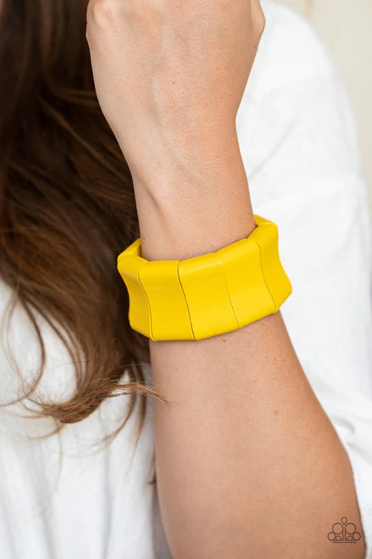 Caribbean Couture - Oversize Sunny Yellow Curved Rectangular Distressed Wood Bracelet B#1001