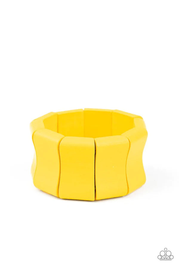 Caribbean Couture - Oversize Sunny Yellow Curved Rectangular Distressed Wood Bracelet B#1001