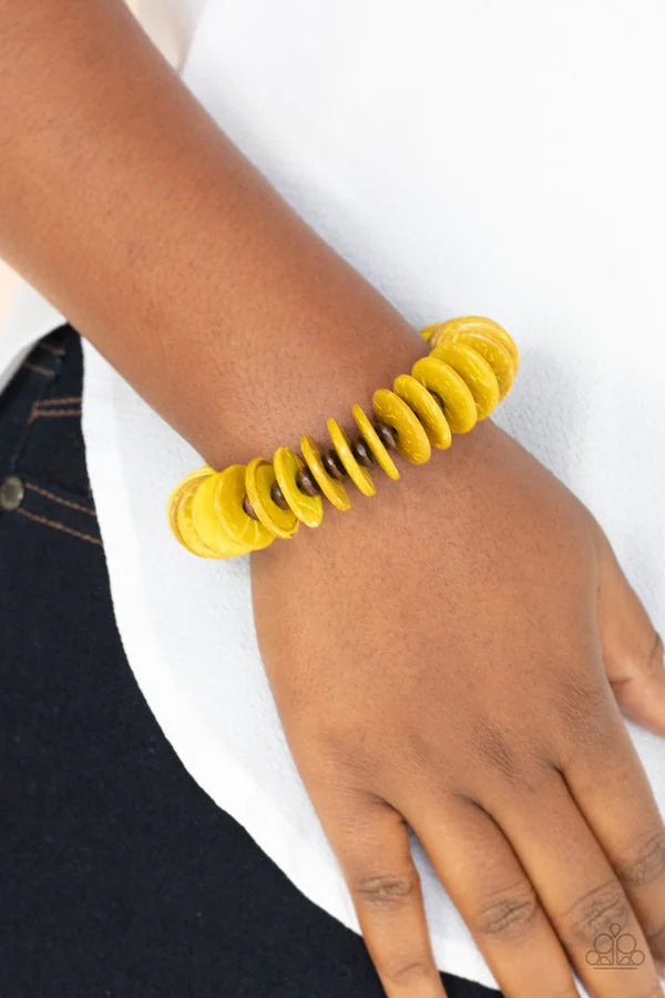 Caribbean Reefs - Yellow/Brown Distressed Wood Discs Bracelet B#838