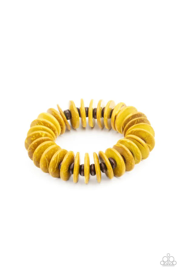 Caribbean Reefs - Yellow/Brown Distressed Wood Discs Bracelet B#838