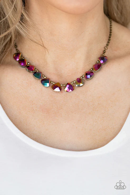 Catch a Fallen Star - Brass/Metallic Oil Spill Faceted Rounded/Teardrop Necklace N#1542