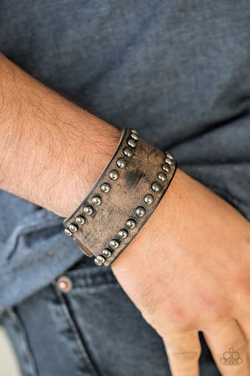 Cattle Drive - Brown/Gunmetal Studded Distressed Cattle Leather Urban Bracelet B#1734