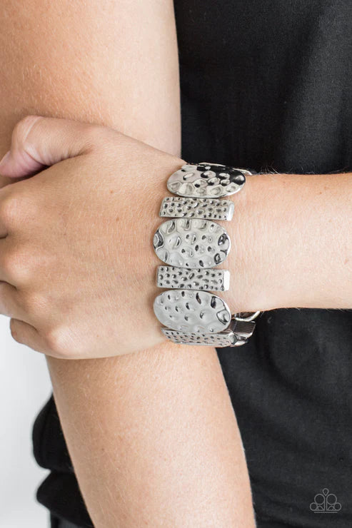 Cave Cache - Silver Round/Rectangular Hammered Tribal Bracelet B#1606