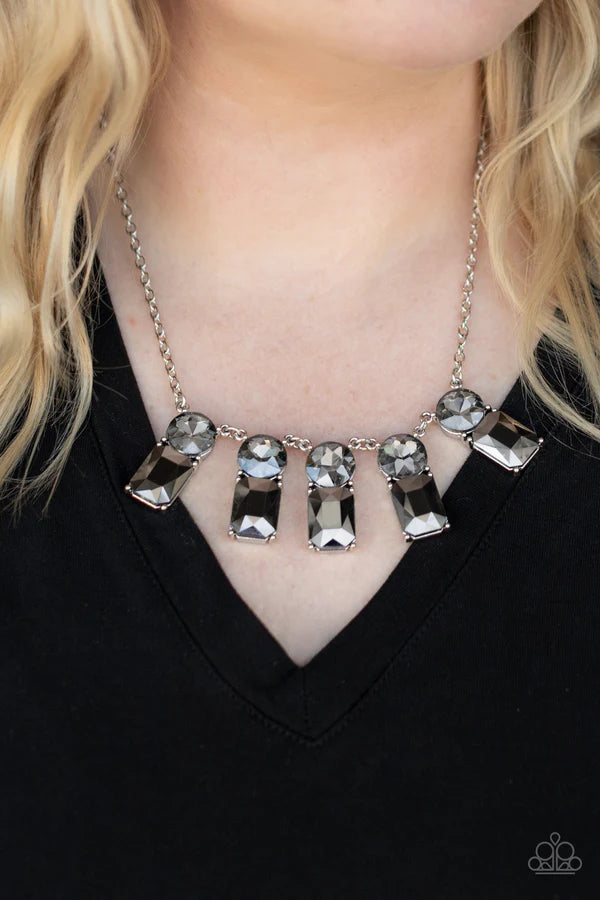 Celestial Royal - Oversized Smoky Silver Pronged Hematite Emerald Cut Fan Necklace N#098