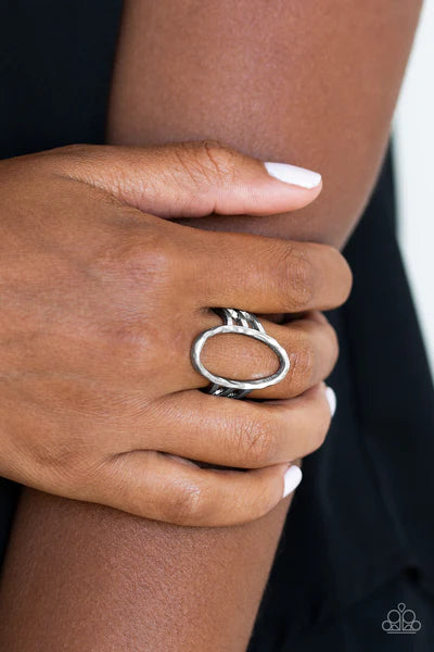 Center Chic - Silver Oval Hammered Warped Ring R#1928