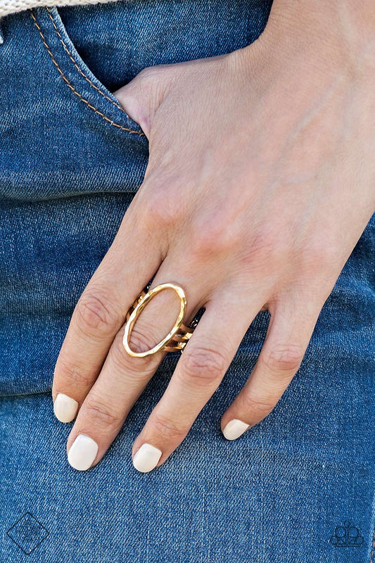 Center Chic - Gold Oval Hammered Warped Ring R#1927