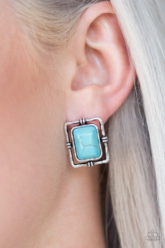 Center STAGECOACH - Blue Stone Rectangle Hammered Earrings E#1359