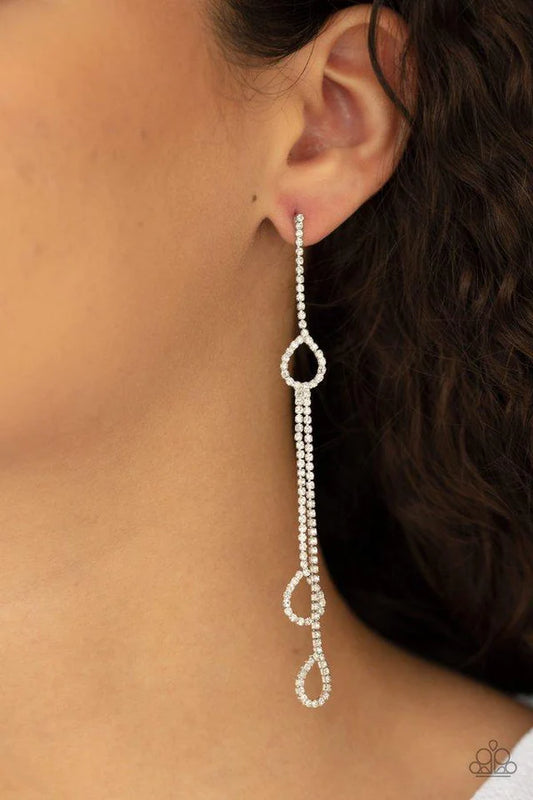 Chance of REIGN - White Duo Encrusted Teardrop Tassel Earrings E#1401